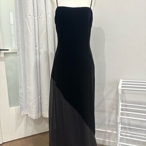 Vintage Black velvet maxi dress with asymmetrical hem!